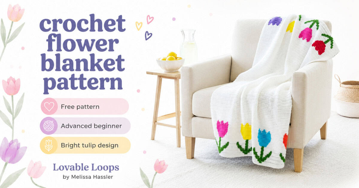 Featured image for a crochet flower blanket pattern featuring a white tulip crochet blanket draped over a chair, with callouts for free pattern, advanced beginner, and bright tulip design.