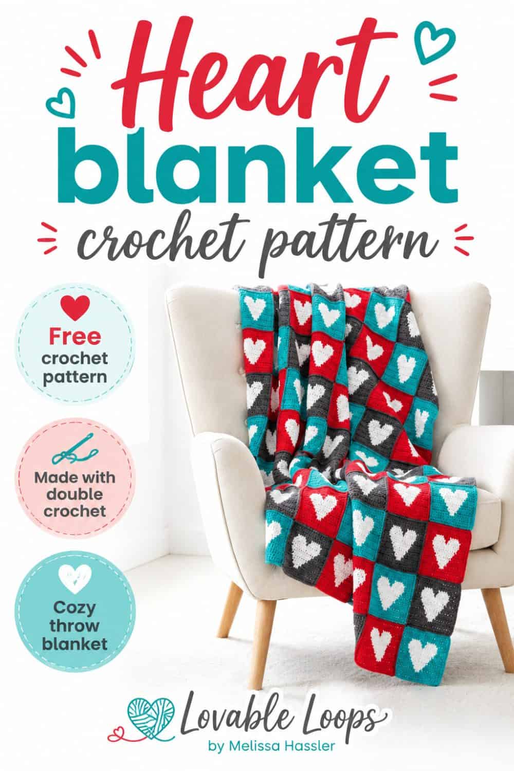 Crochet heart blanket made from red, blue, gray, and white heart squares draped over a cream armchair.