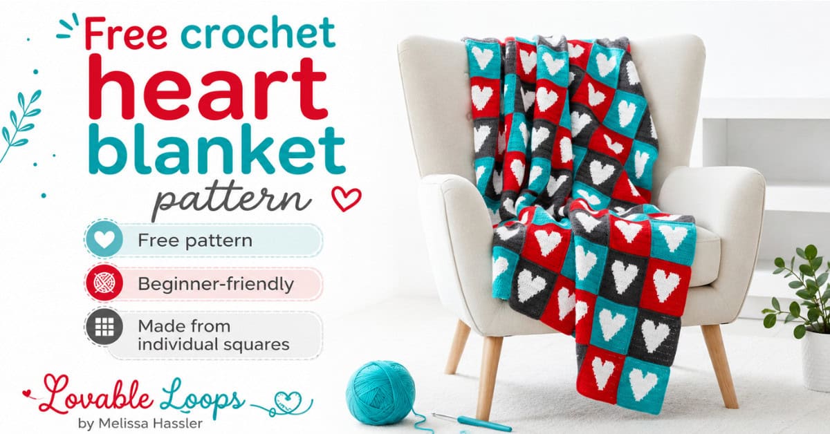 Crochet heart blanket draped over a cream wingback chair in a bright room, featuring red, teal, gray, and white checkerboard squares with white heart motifs.