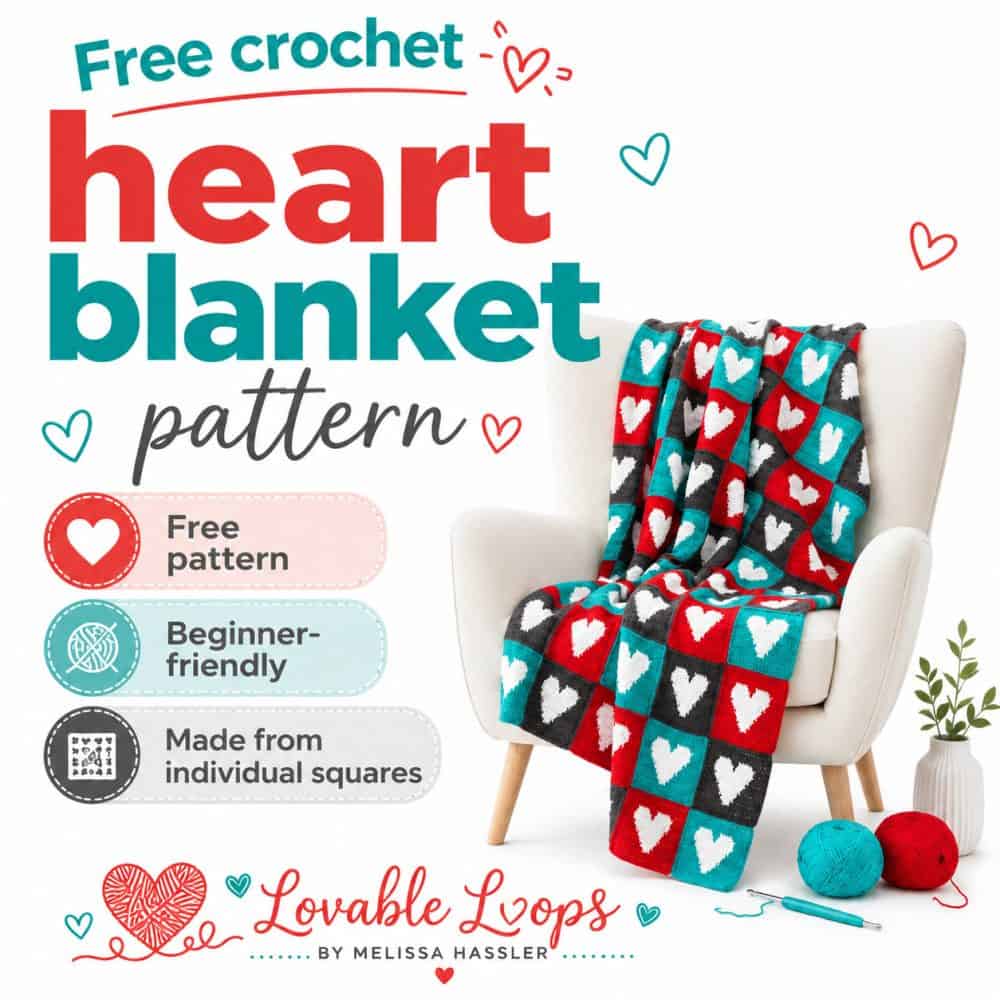 Pinterest pin for a free crochet heart blanket pattern featuring a white blanket with colorful hearts, graph and written instructions, and bright Lovable Loops branding.