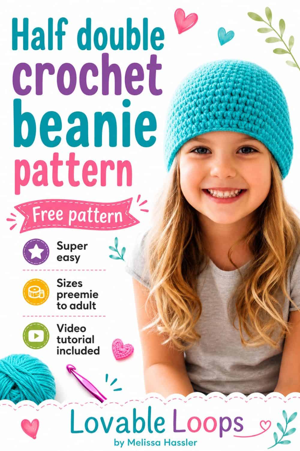 Girl wearing a turquoise half double crochet beanie made with simple stitches and a classic top-down shape.