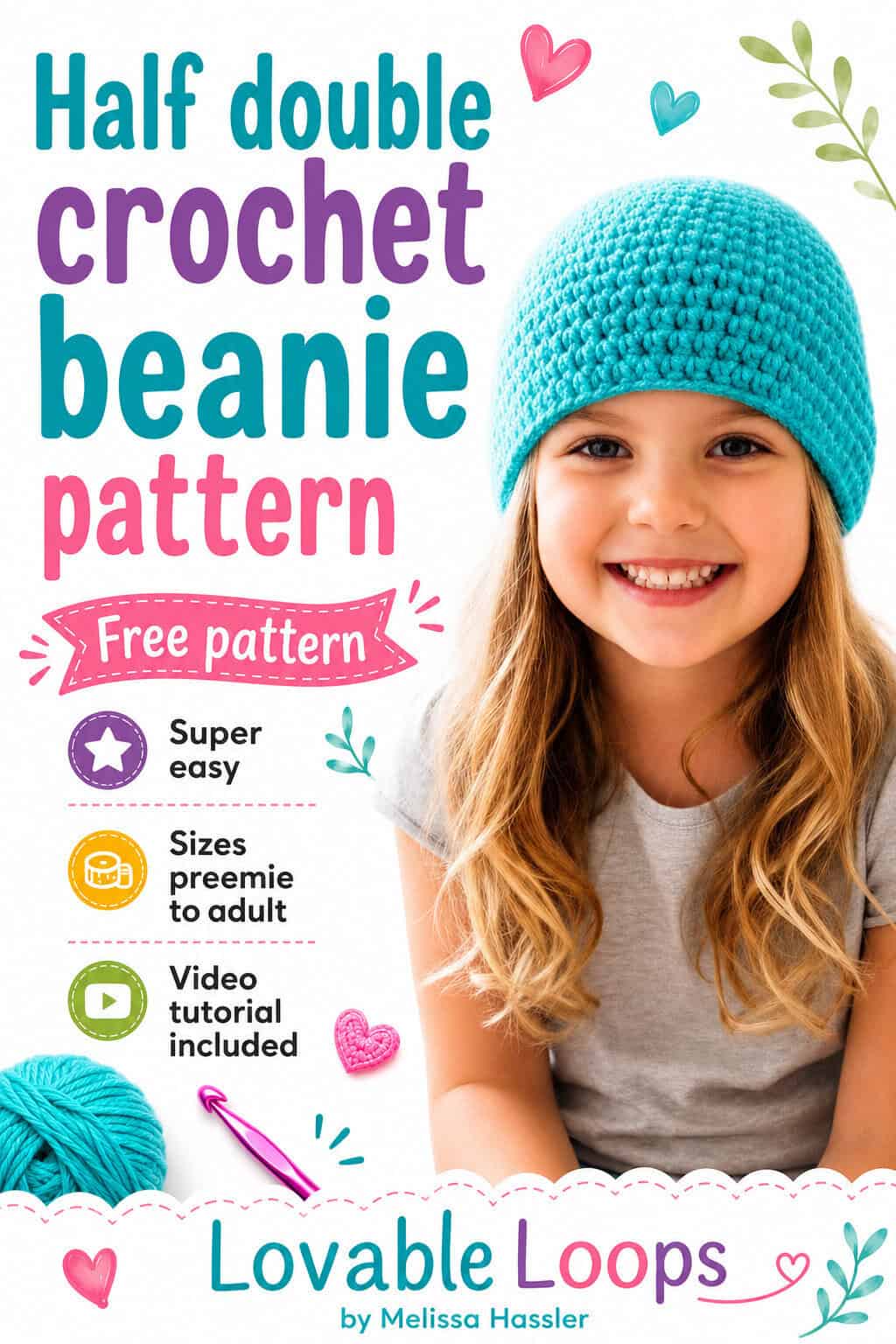 Girl wearing a turquoise half double crochet beanie made with simple stitches and a classic top-down shape.