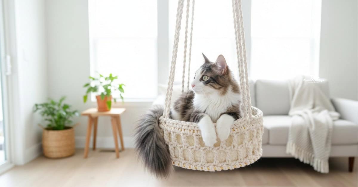 Cream hanging crochet cat bed with a gray and white cat sitting inside, styled in a bright modern living room.