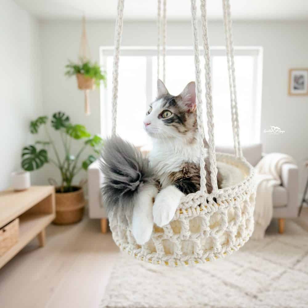 Gray and white cat relaxing in a cream hanging crochet cat bed with braided straps in a bright boho living room.