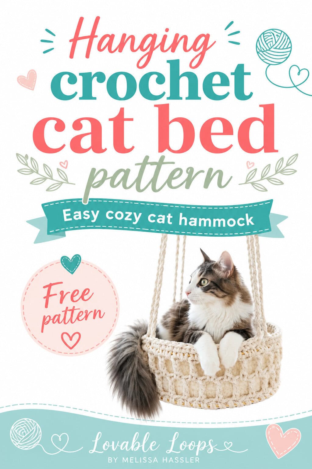 Gray and white cat sitting in a cream hanging crochet cat bed with braided straps