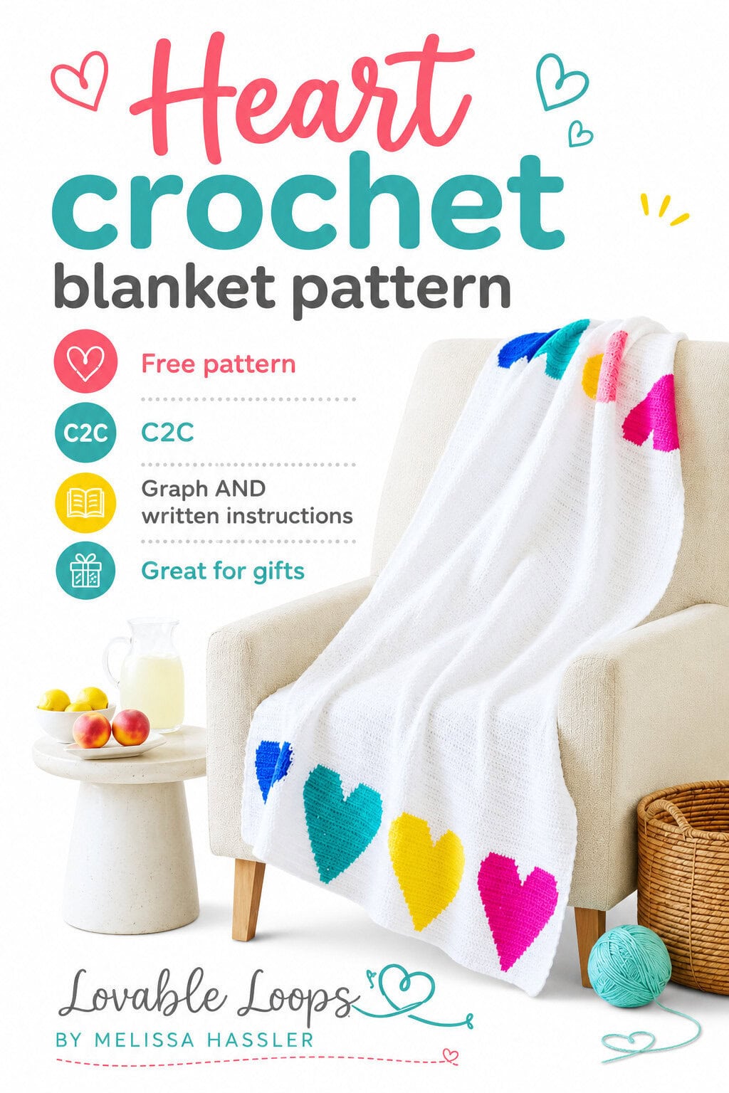 Pinterest pin for a heart crochet blanket pattern featuring a white crochet blanket with colorful heart designs draped over a chair, with callouts for free pattern, graph and written instructions, and great for gifts.