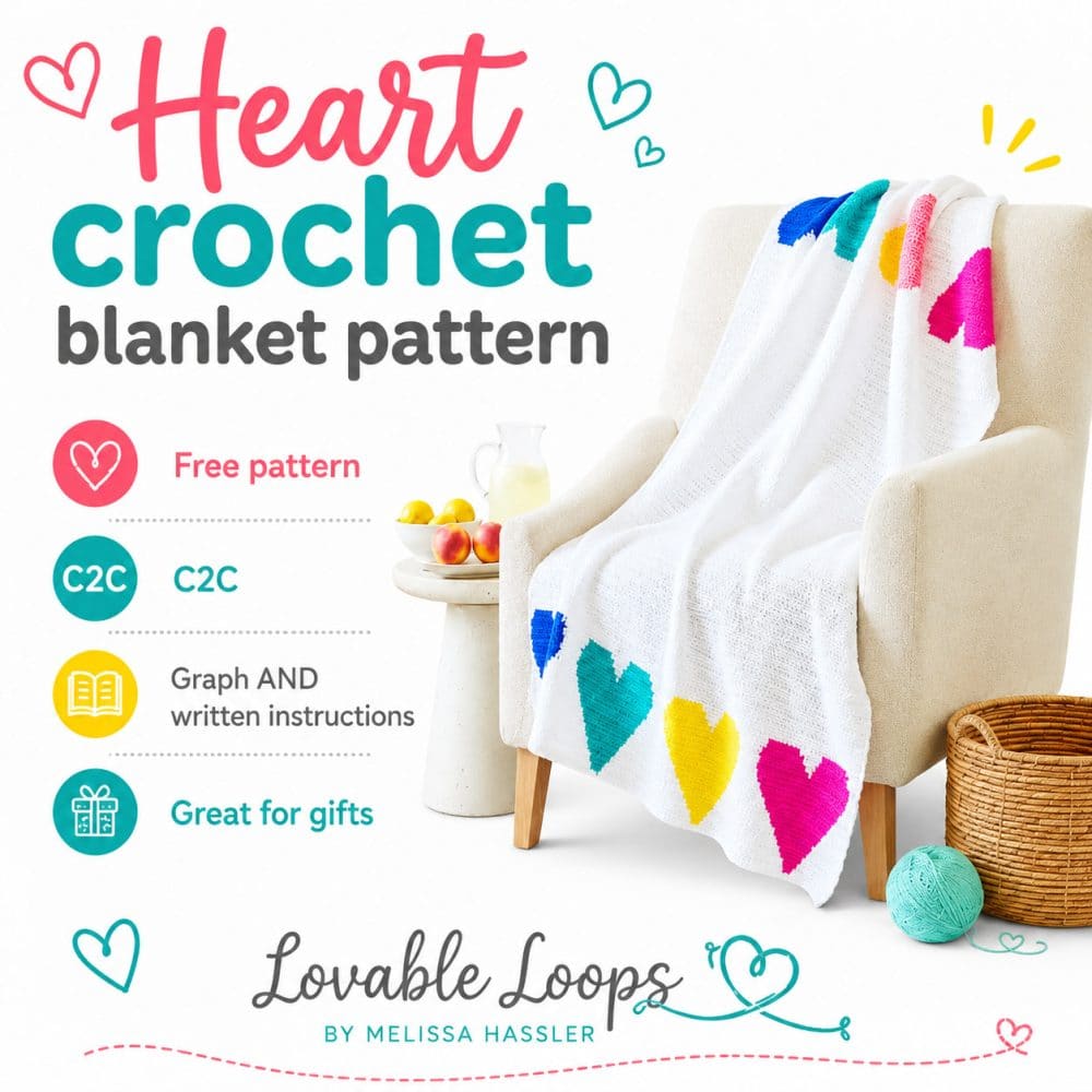 Square graphic for a heart crochet blanket pattern showing a white crochet blanket with bright rainbow hearts on a cozy chair, plus callouts for free pattern, graph and written instructions, and great for gifts.