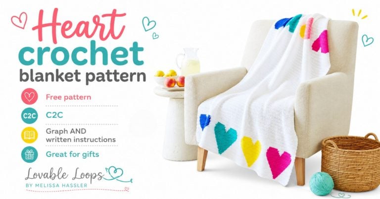 Featured image for a heart crochet blanket pattern with a white blanket decorated with colorful hearts, styled on a chair with yarn, a basket, and crochet pattern callouts.