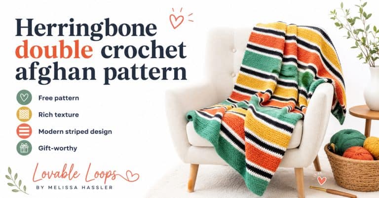 herringbone double crochet afghan pattern, showing a textured striped crochet blanket draped over a cream chair with yarn nearby.