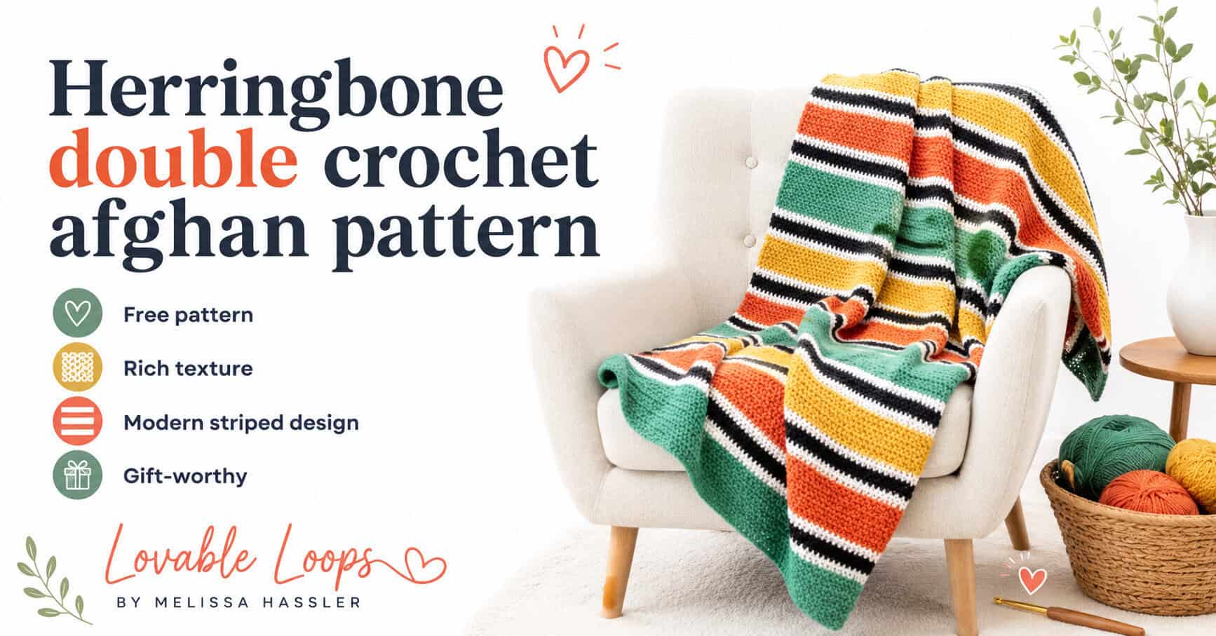 herringbone double crochet afghan pattern, showing a textured striped crochet blanket draped over a cream chair with yarn nearby.