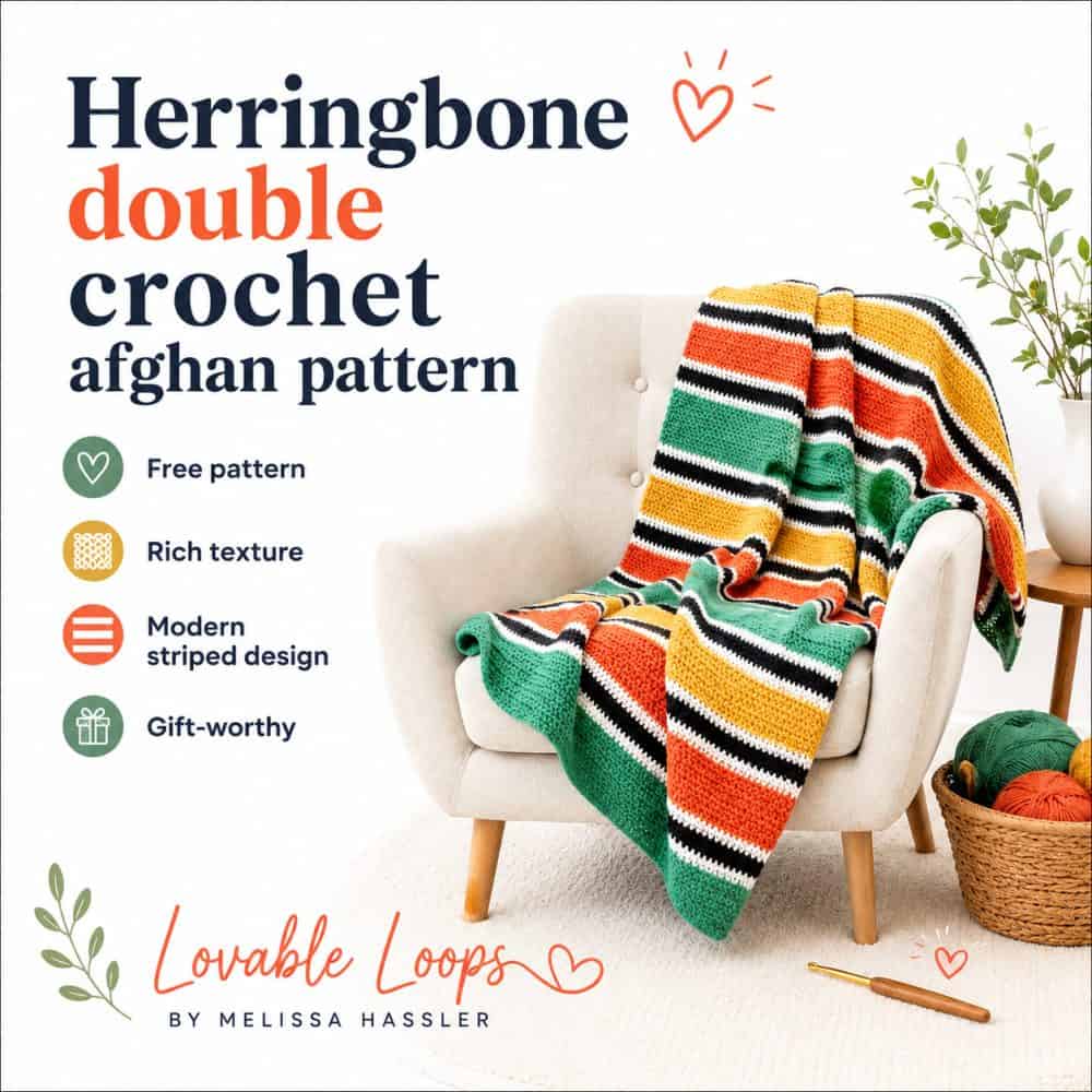 Square graphic for a herringbone double crochet afghan pattern featuring a modern striped crochet blanket in green, orange, yellow, black, and white, with callouts for free pattern, rich texture, modern striped design, and gift-worthy.
