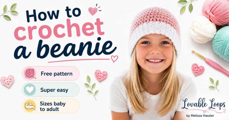 how to crochet a beanie tutorial, showing a child in a pink and white crochet beanie with beginner-friendly notes and yarn supplies.