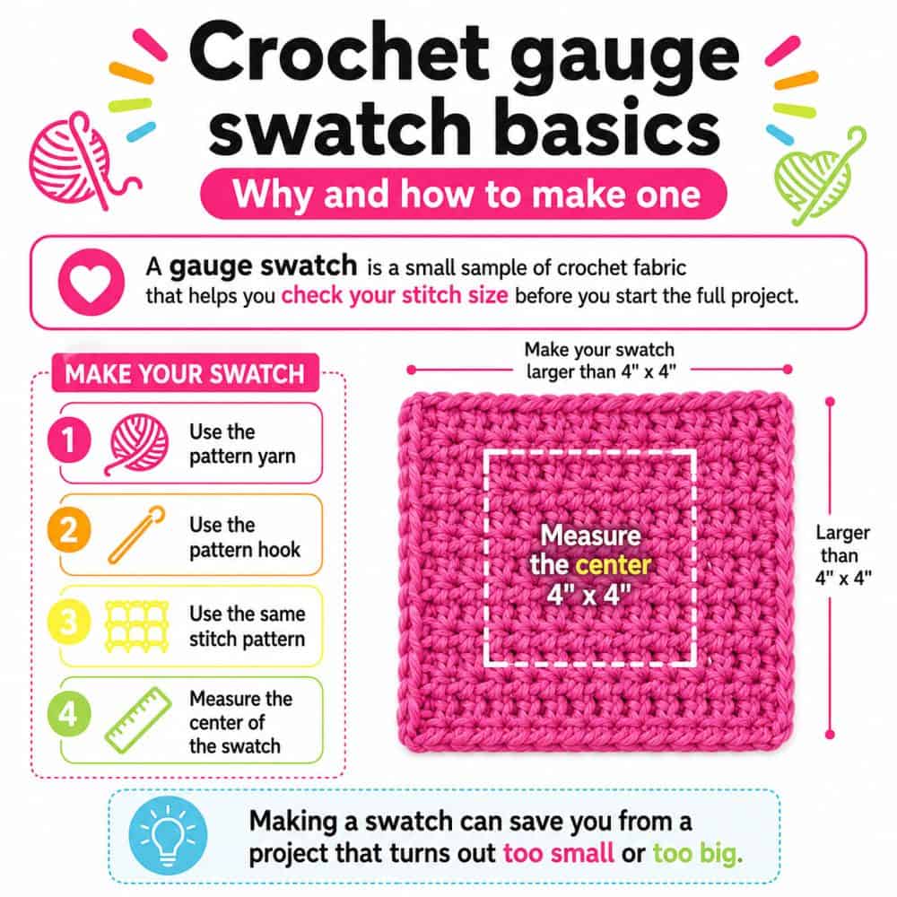 Infographic showing how to make a crochet gauge swatch by using the pattern yarn, hook, and stitch pattern, then measuring the center of a larger swatch.
