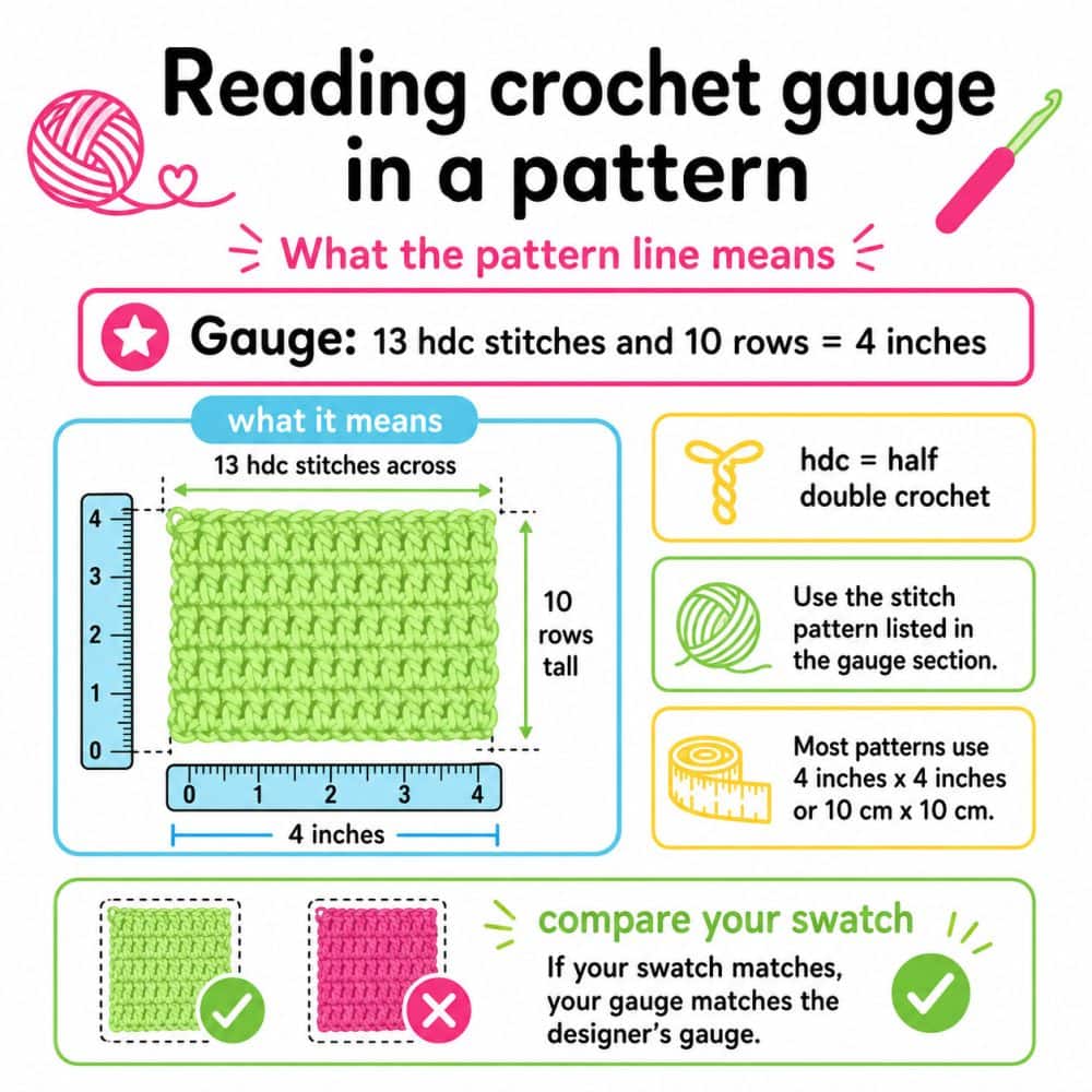 Infographic explaining how to read crochet gauge in a pattern, using an example of 13 half double crochet stitches and 10 rows equaling 4 inches.