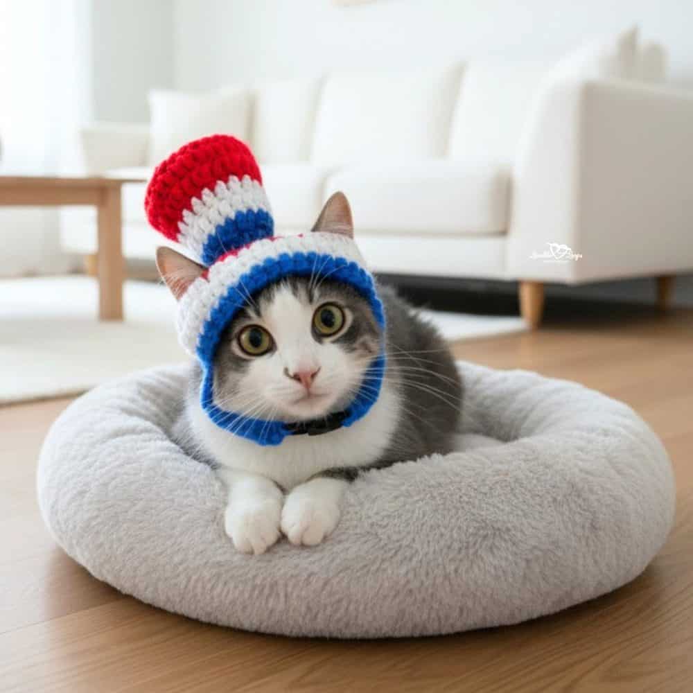 Close-up of a gray and white cat wearing a red, white, and blue crochet hat for a July 4th cat crochet pattern.