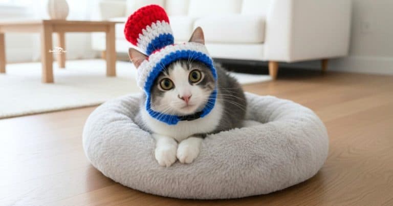 Gray and white cat wearing a red, white, and blue crochet hat while resting on a soft gray cat bed.