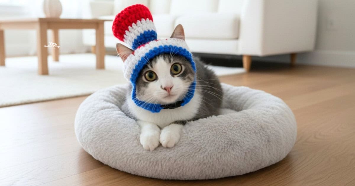 Gray and white cat wearing a red, white, and blue crochet hat while resting on a soft gray cat bed.