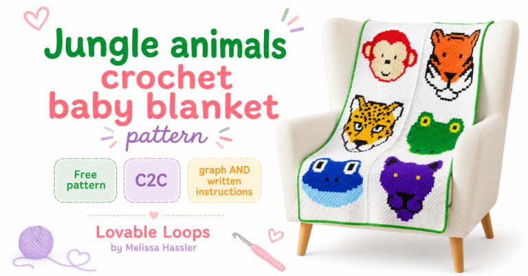 Featured image for a jungle animals crochet baby blanket pattern featuring a white C2C blanket with six bright jungle animal designs, styled with yarn, a crochet hook, and Lovable Loops branding.