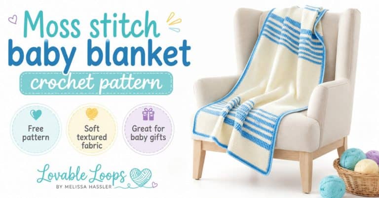 Featured image for a moss stitch baby blanket crochet pattern showing a soft cream and blue striped crochet blanket draped over a cozy beige chair. The graphic includes free pattern, soft textured fabric, great for baby gifts, and Lovable Loops by Melissa Hassler branding.