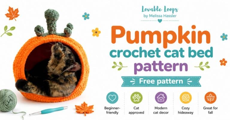 Tortoiseshell cat sitting inside an orange pumpkin crochet cat pod