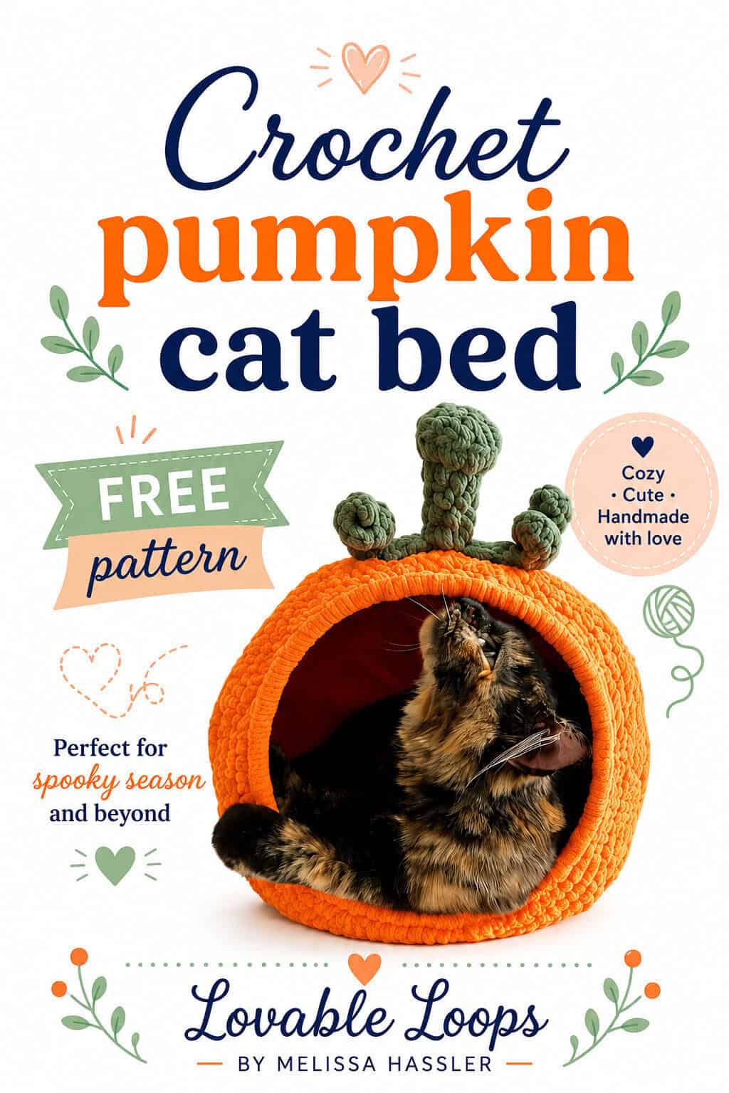 Pinterest pin for a free crochet pumpkin cat bed pattern, showing a tortoiseshell cat inside an orange pumpkin-shaped cat bed.