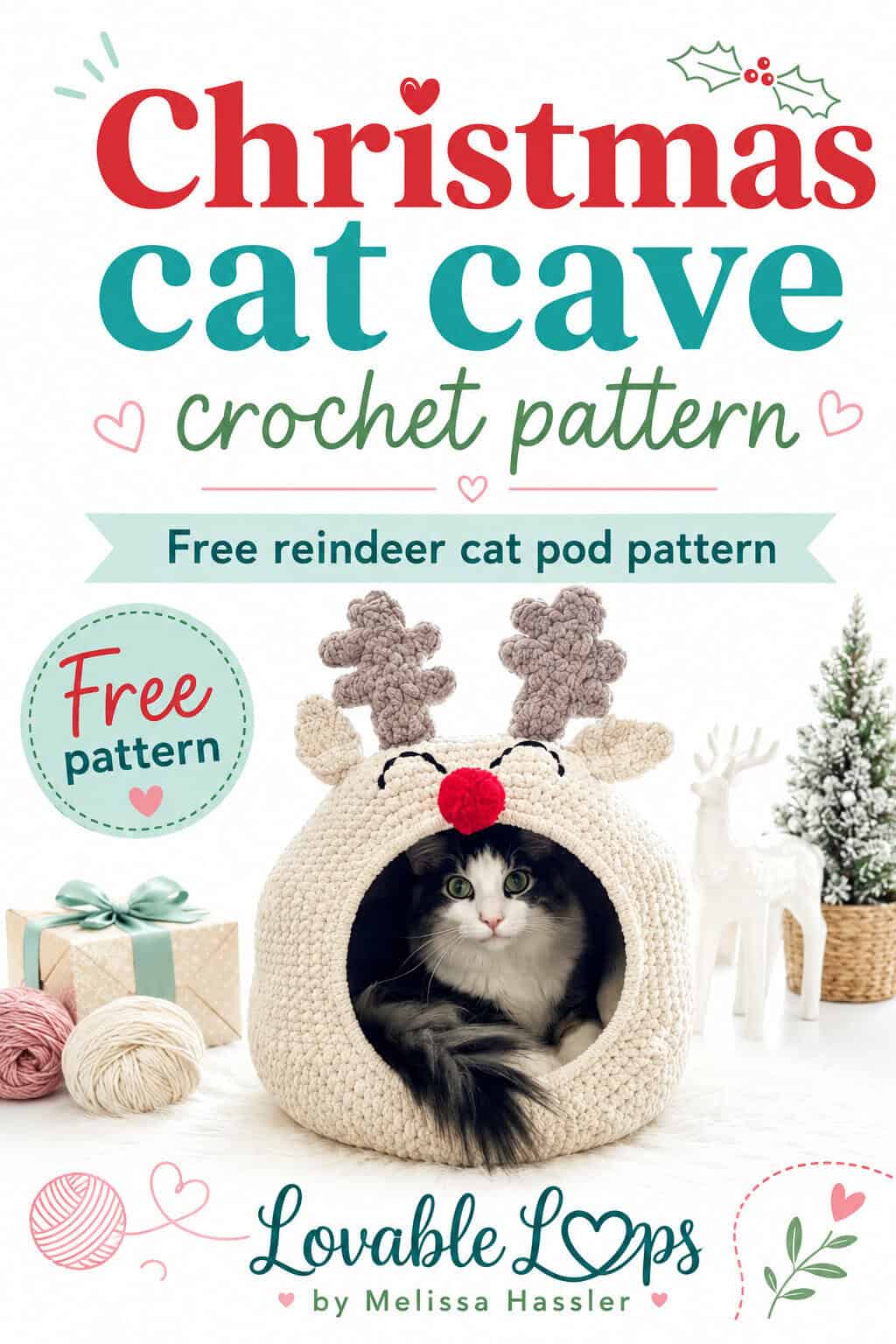 Christmas crochet cat bed shaped like a reindeer with antlers, ears, red nose, and a cat inside.