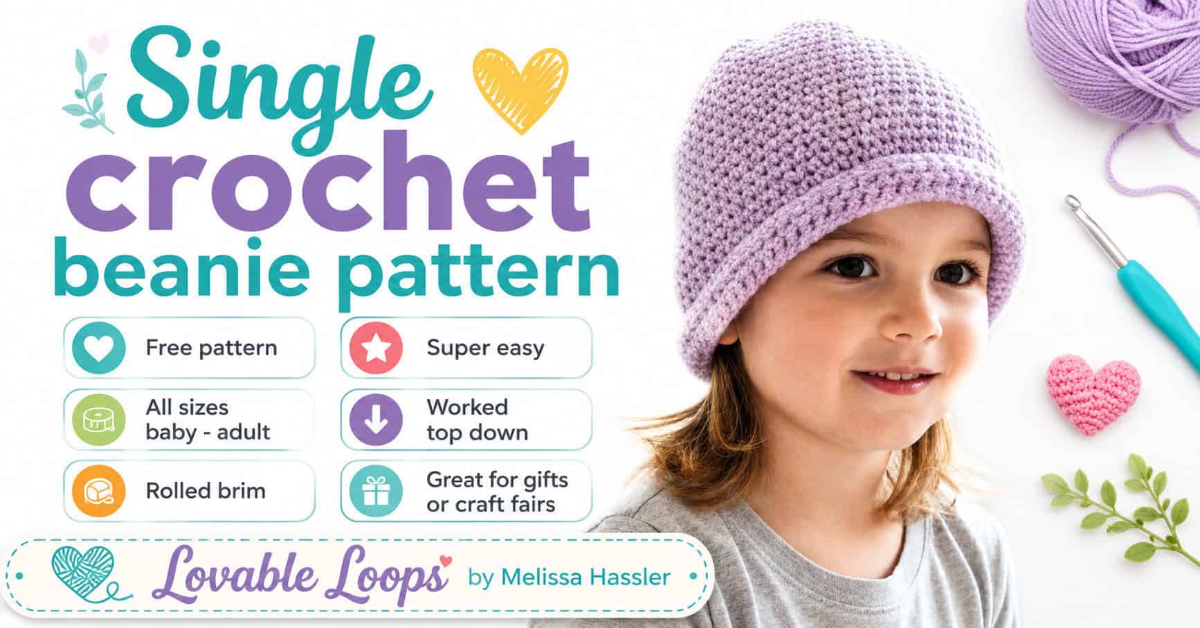 free single crochet beanie pattern, showing a child wearing a lavender crochet beanie with a rolled brim and beginner-friendly pattern notes.
