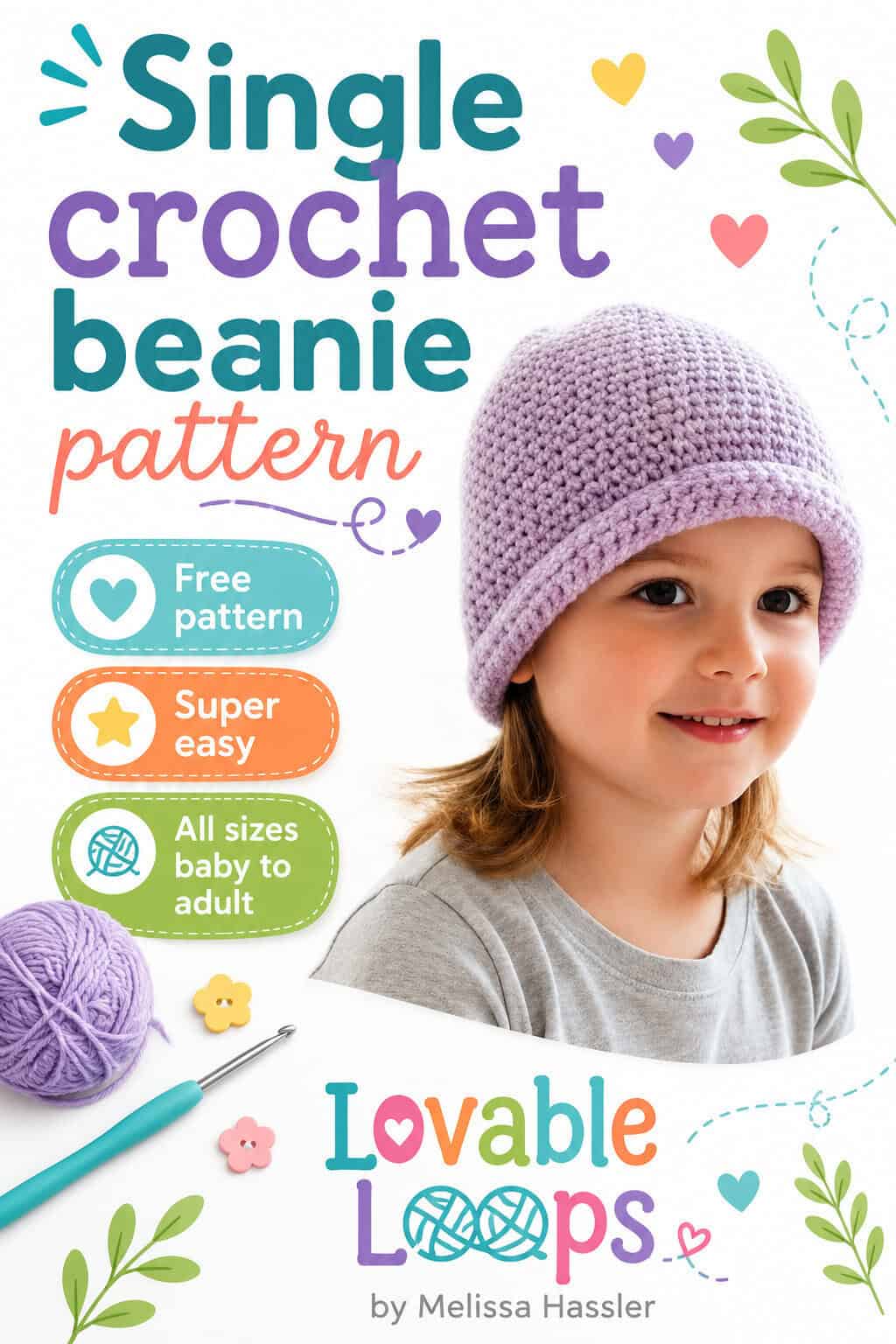 Pinterest pin for a free single crochet beanie pattern, showing a child wearing a lavender rolled brim beanie with yarn, crochet hook, and colorful design details.