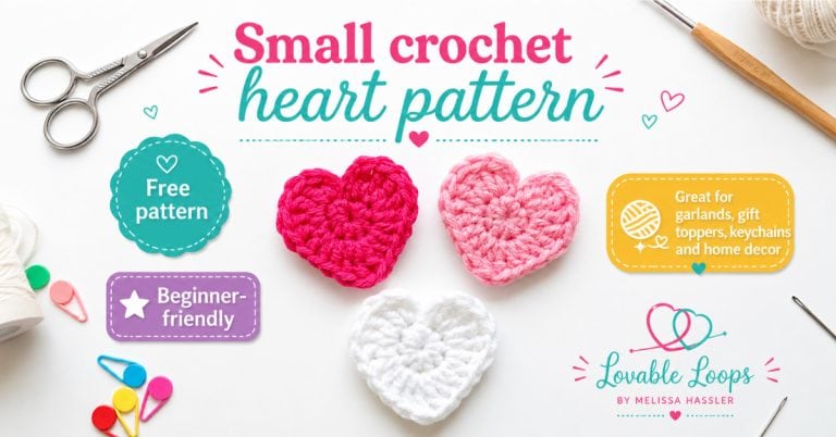 free small crochet heart pattern, showing pink and white crochet hearts with yarn, crochet hook, scissors, and colorful stitch markers