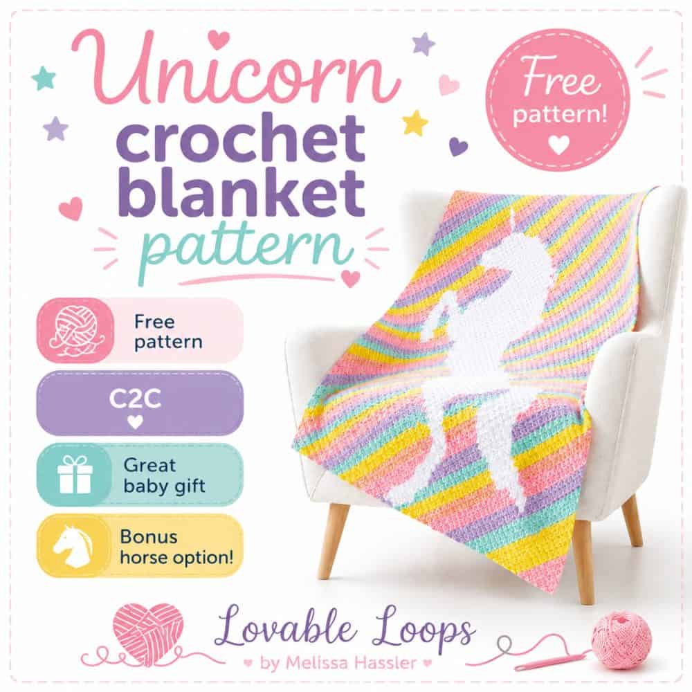 Square graphic for a unicorn crochet blanket pattern featuring a pastel rainbow C2C blanket with a white unicorn design draped over a chair, with callouts for free pattern, C2C, great baby gift, and bonus horse option.