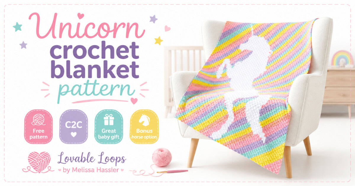 Featured image for a unicorn crochet blanket pattern showing a pastel rainbow crochet blanket with a white unicorn silhouette draped over a chair in a bright nursery, with callouts for free pattern, C2C, great baby gift, and bonus horse option.