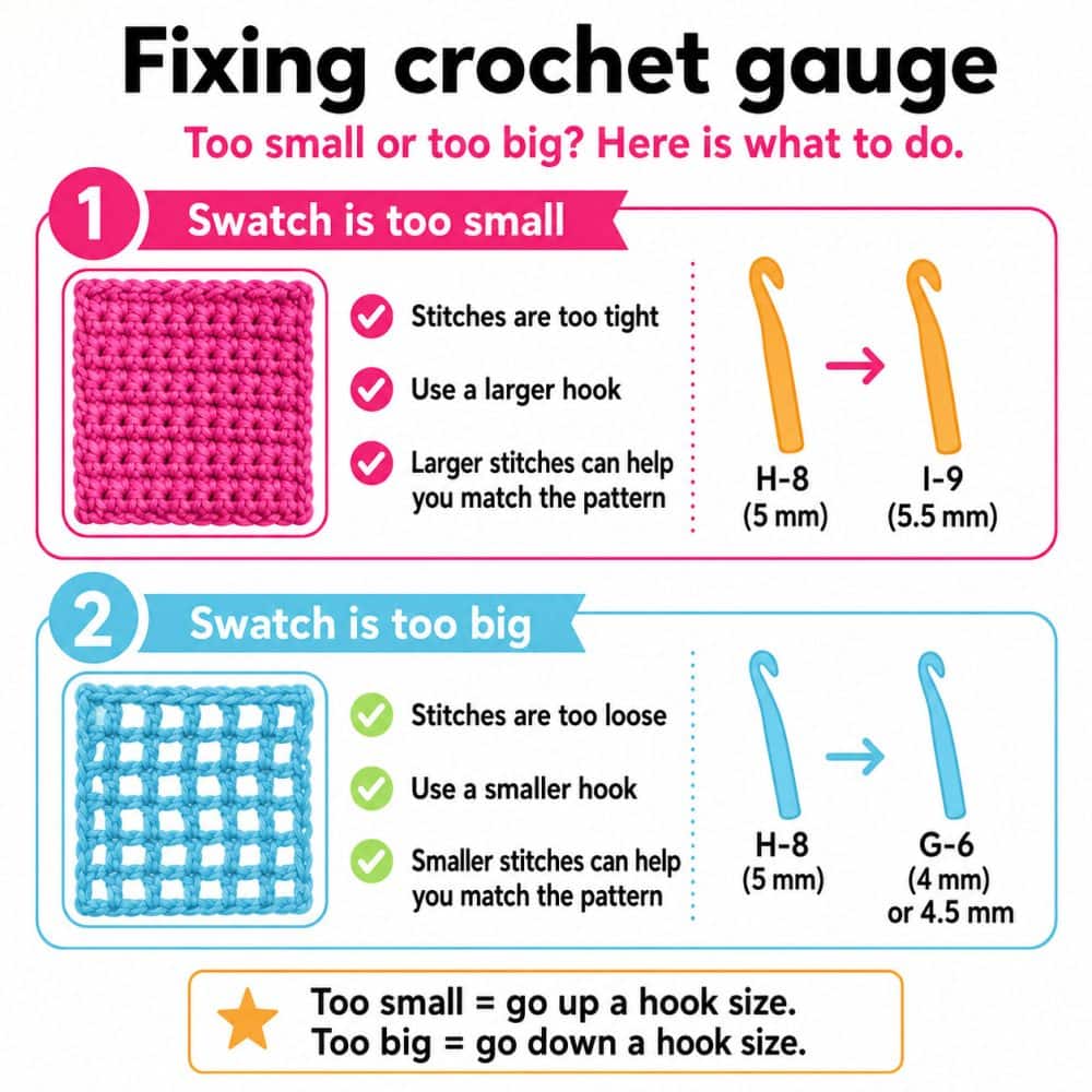 Infographic explaining how to fix crochet gauge when a swatch is too small or too big by changing hook size to adjust stitch size.
