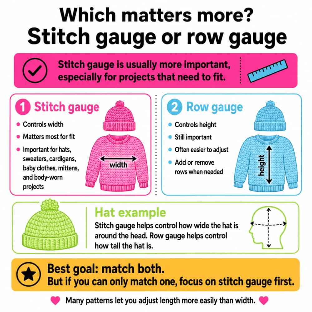 Infographic comparing stitch gauge and row gauge, showing that stitch gauge controls project width while row gauge controls project height.