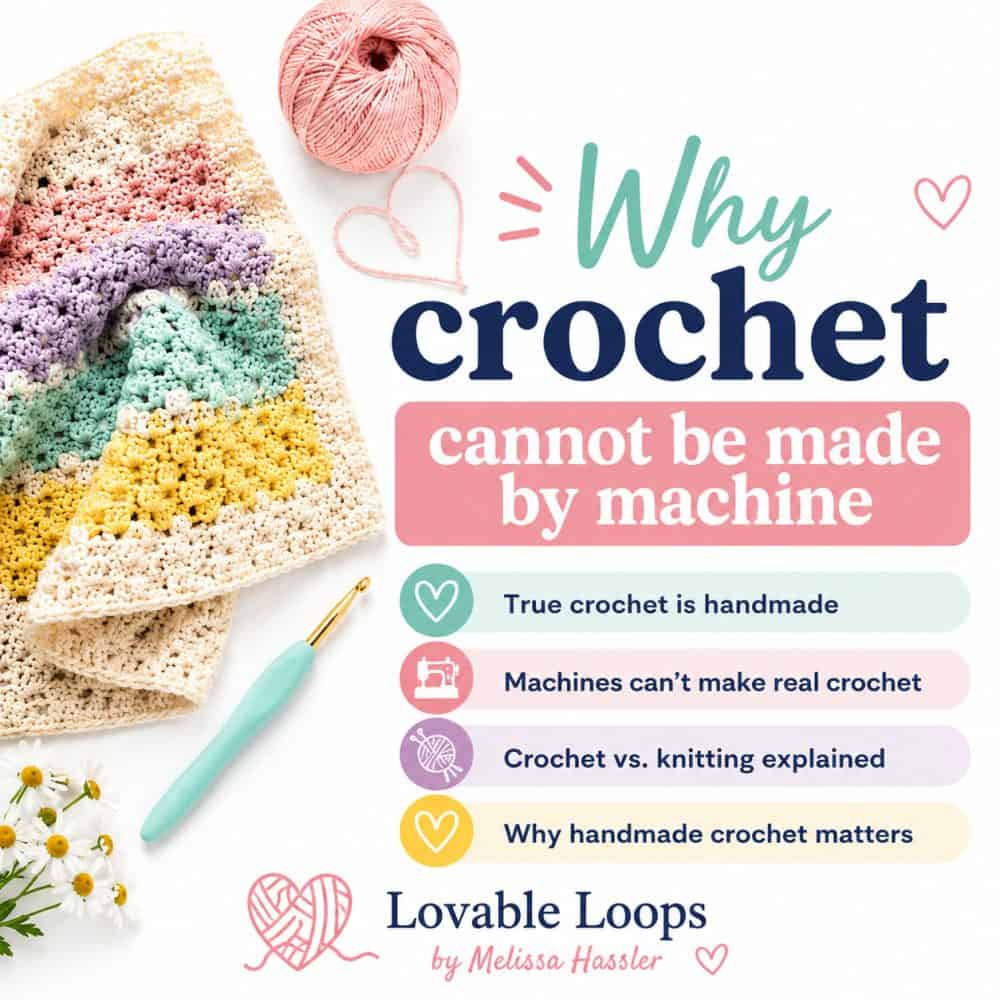 Square graphic for a post about why crochet cannot be made by machine, featuring a pastel crochet blanket, yarn, hook, and callouts about handmade crochet and crochet vs. knitting.