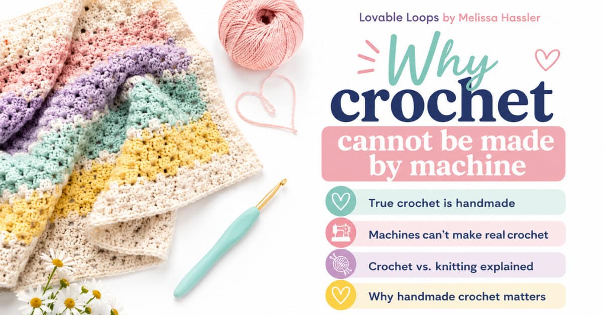 Featured image for why crochet cannot be made by machine, showing a pastel crochet blanket, crochet hook, yarn, and text explaining that true crochet is handmade.