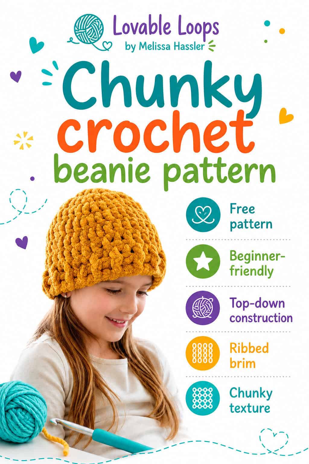 Child wearing a mustard chunky crochet beanie, photographed in a cozy modern cabin with light wood walls and soft natural light.
