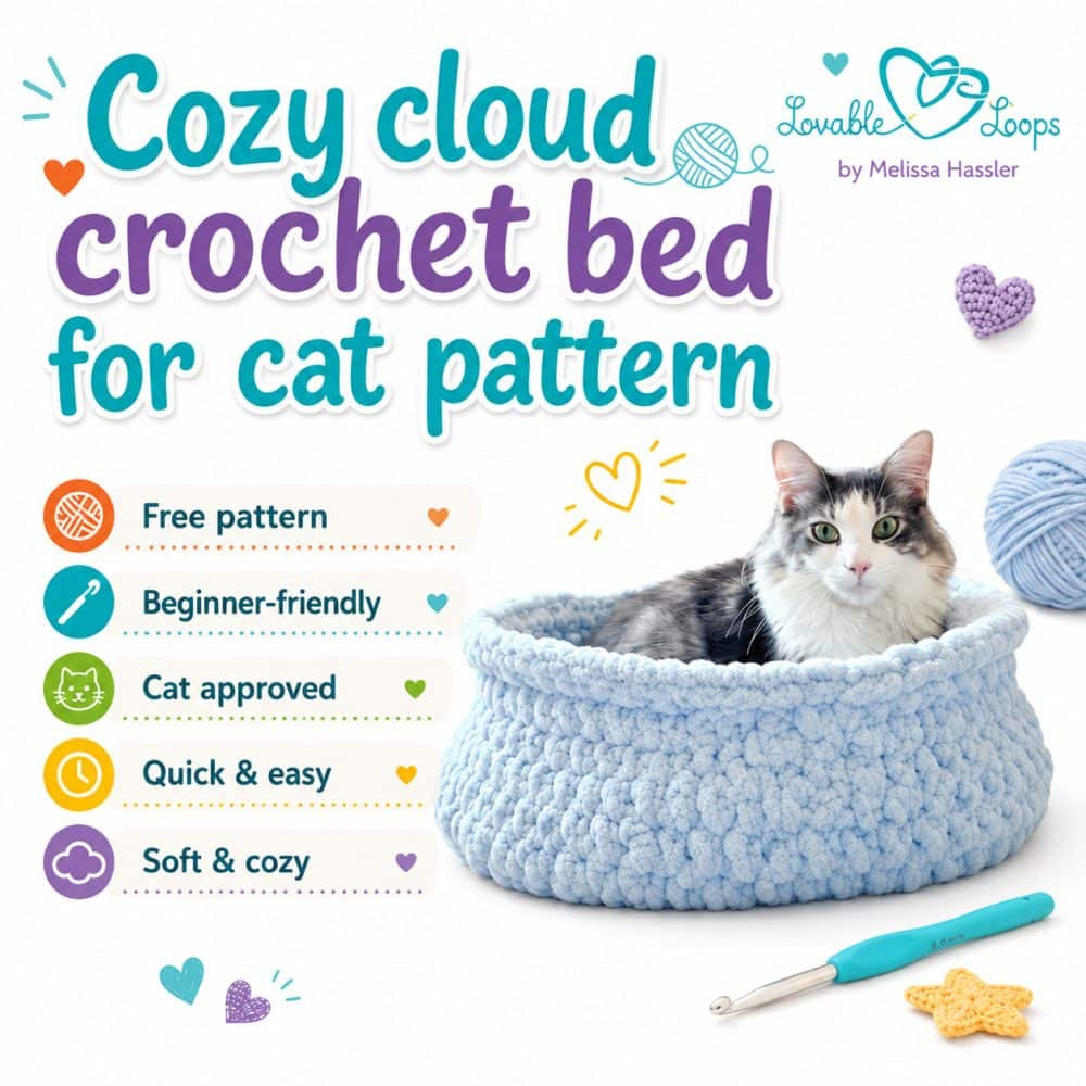 Soft cozy blue crochet cat bed with a gray and white cat resting inside, styled in a bright modern living room.
