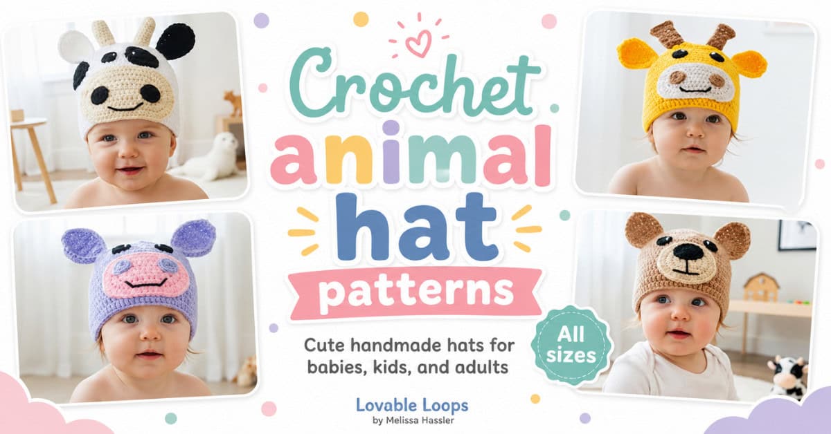 Featured image for crochet animal hat patterns showing babies wearing handmade crochet cow, giraffe, hippo, and bear hats with bright pastel design accents.