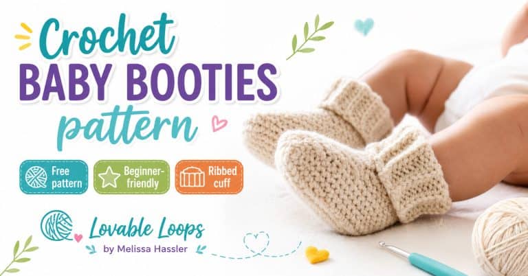 free crochet baby booties pattern, showing cream handmade baby booties with ribbed cuffs, yarn, and crochet tools.
