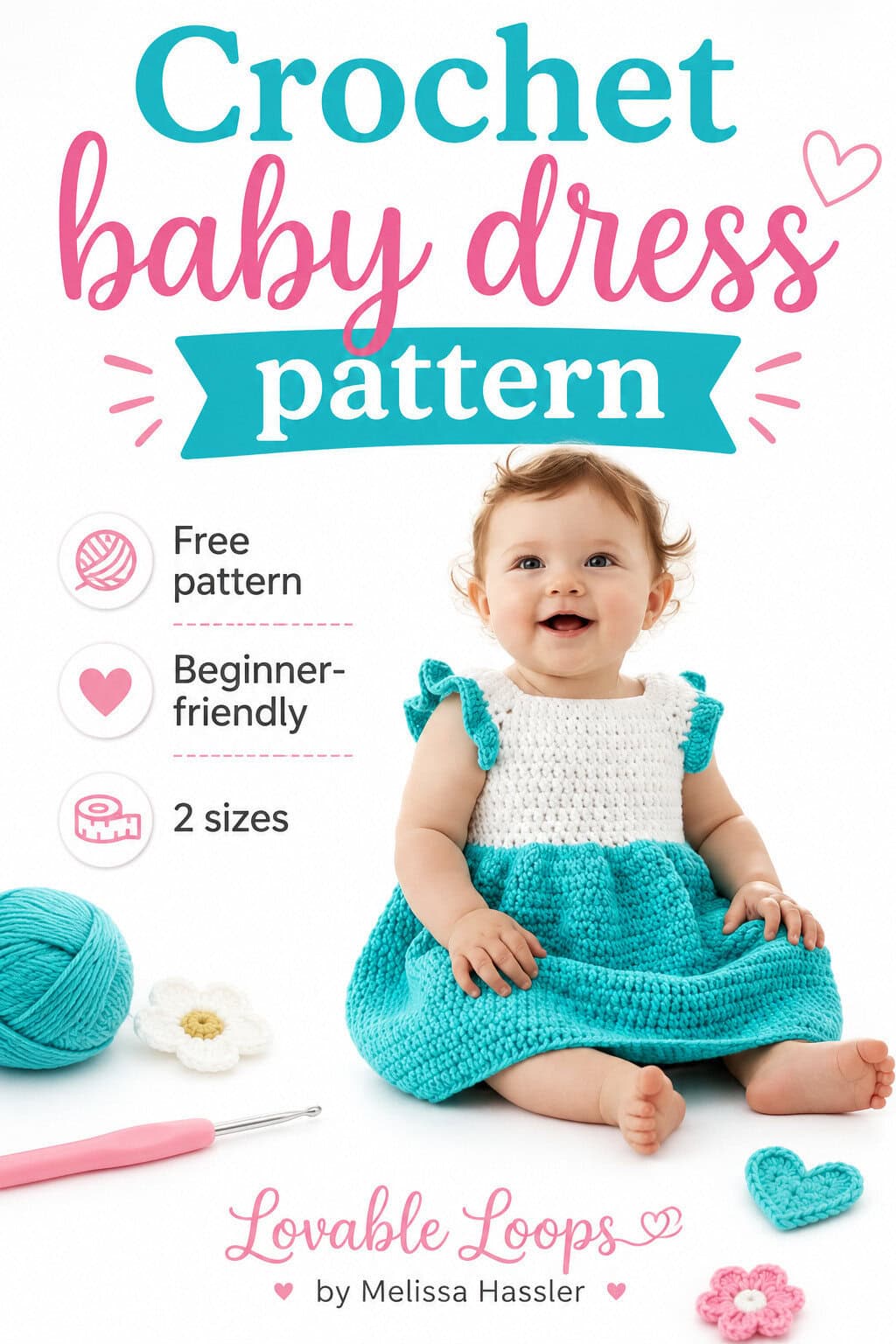 Cute crochet baby dress pattern with a white skirt and turquoise accents, sized for babies 3&ndash;6 months and 6&ndash;12 months.