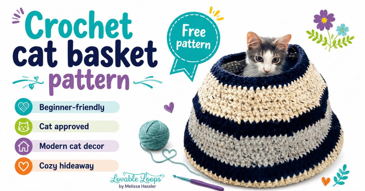 Gray and white cat sitting inside a striped crochet cat basket made with cream, gray, and navy yarn in a bright living room.
