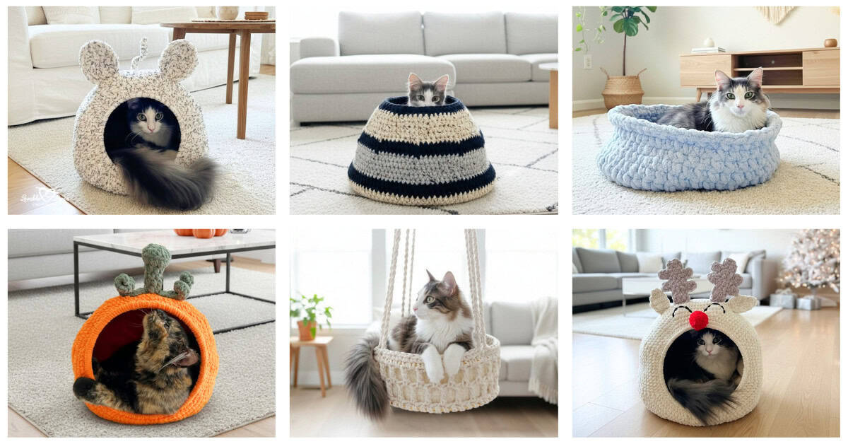 Collage of six crochet cat patterns featuring cat beds, cat pods, and a hanging cat bed, including mouse ears, striped basket, cozy cloud, pumpkin, and reindeer designs.