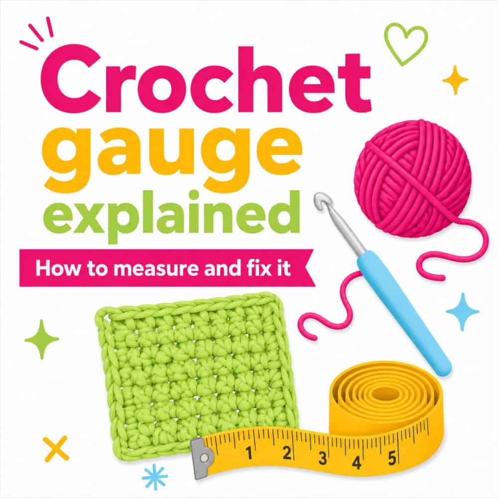 Featured image for a crochet gauge explained guide with bold colorful text, yarn, crochet hook, measuring tape, and a green crochet swatch on a white background.