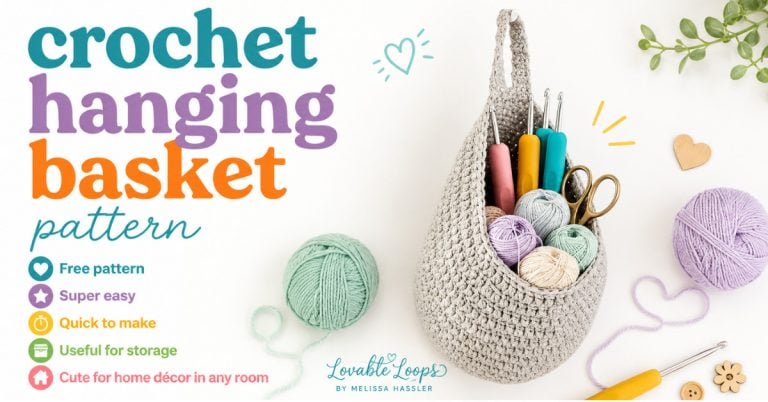 Crochet hanging basket pattern graphic with a handmade basket filled with yarn, crochet hooks, and craft supplies on a white background.