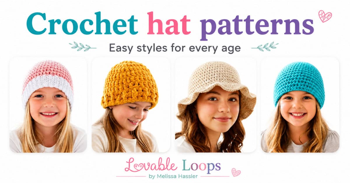 Crochet hat patterns page image showing four crochet hat styles, including a pink beanie, mustard chunky hat, cream bucket hat, and turquoise beanie with Lovable Loops branding.