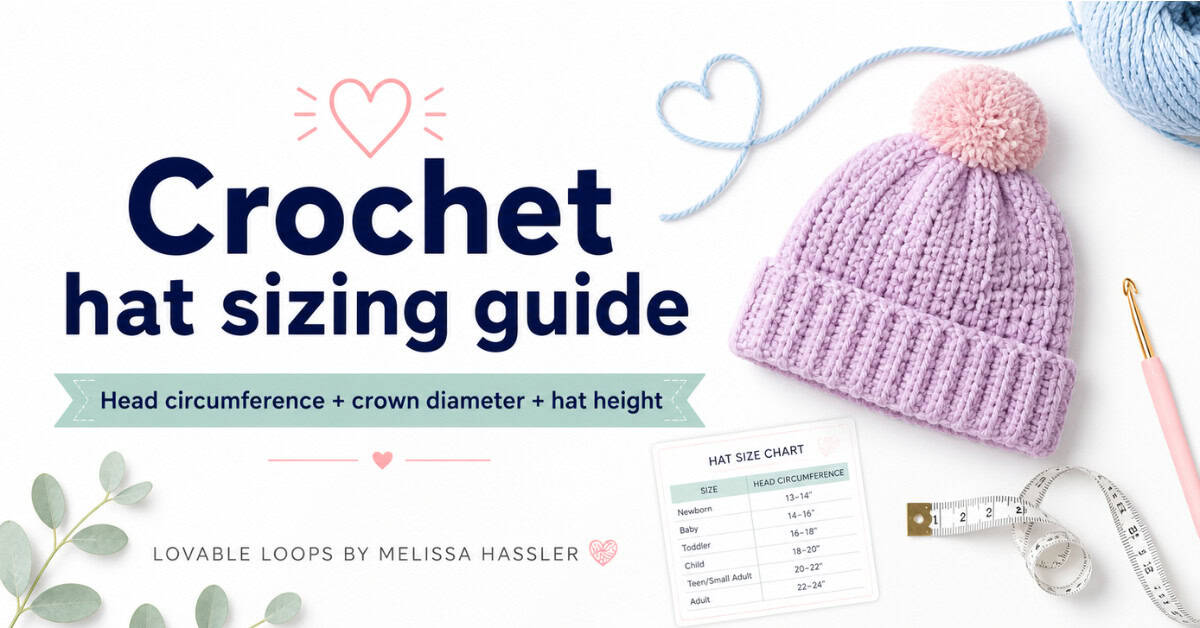 Crochet hat sizing guide featured image with a purple crochet beanie, measuring tape, yarn, crochet hook, and text about head circumference, crown diameter, and hat height.