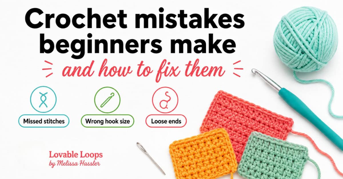 Featured image for a crochet mistakes beginners make article with colorful crochet swatches, yarn, hook, and text about how to fix common beginner mistakes.