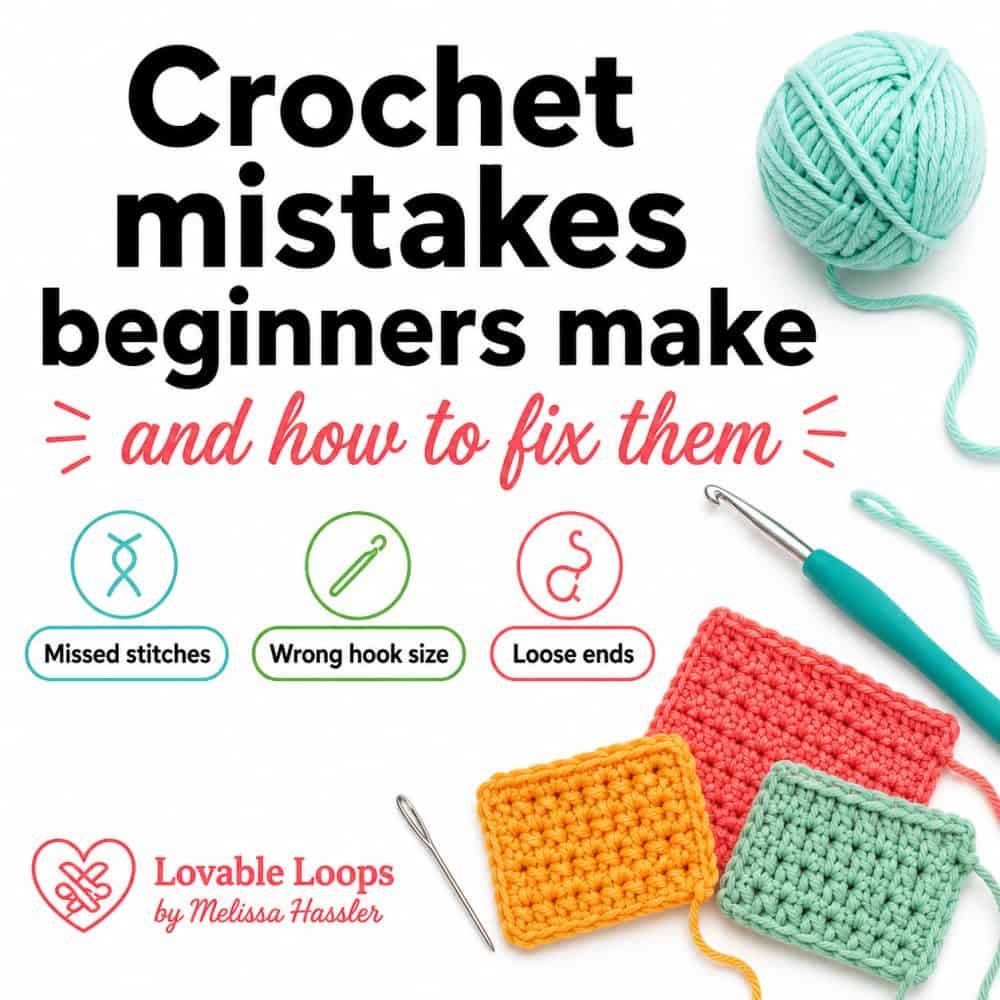 Featured image for a beginner crochet mistakes article with crochet swatches, yarn, hook, and tips for missed stitches, wrong hook size, and loose ends.