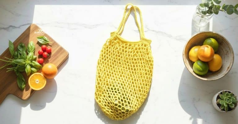 Yellow crochet produce bag on a white marble kitchen island with fresh fruit, tomatoes, basil, and a bowl of citrus arranged around it.