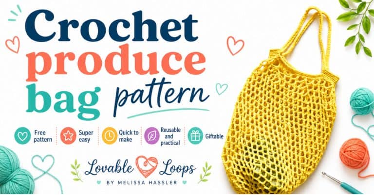 Yellow crochet produce bag on a white marble kitchen island with fresh fruit, tomatoes, basil, and a bowl of citrus arranged around it.
